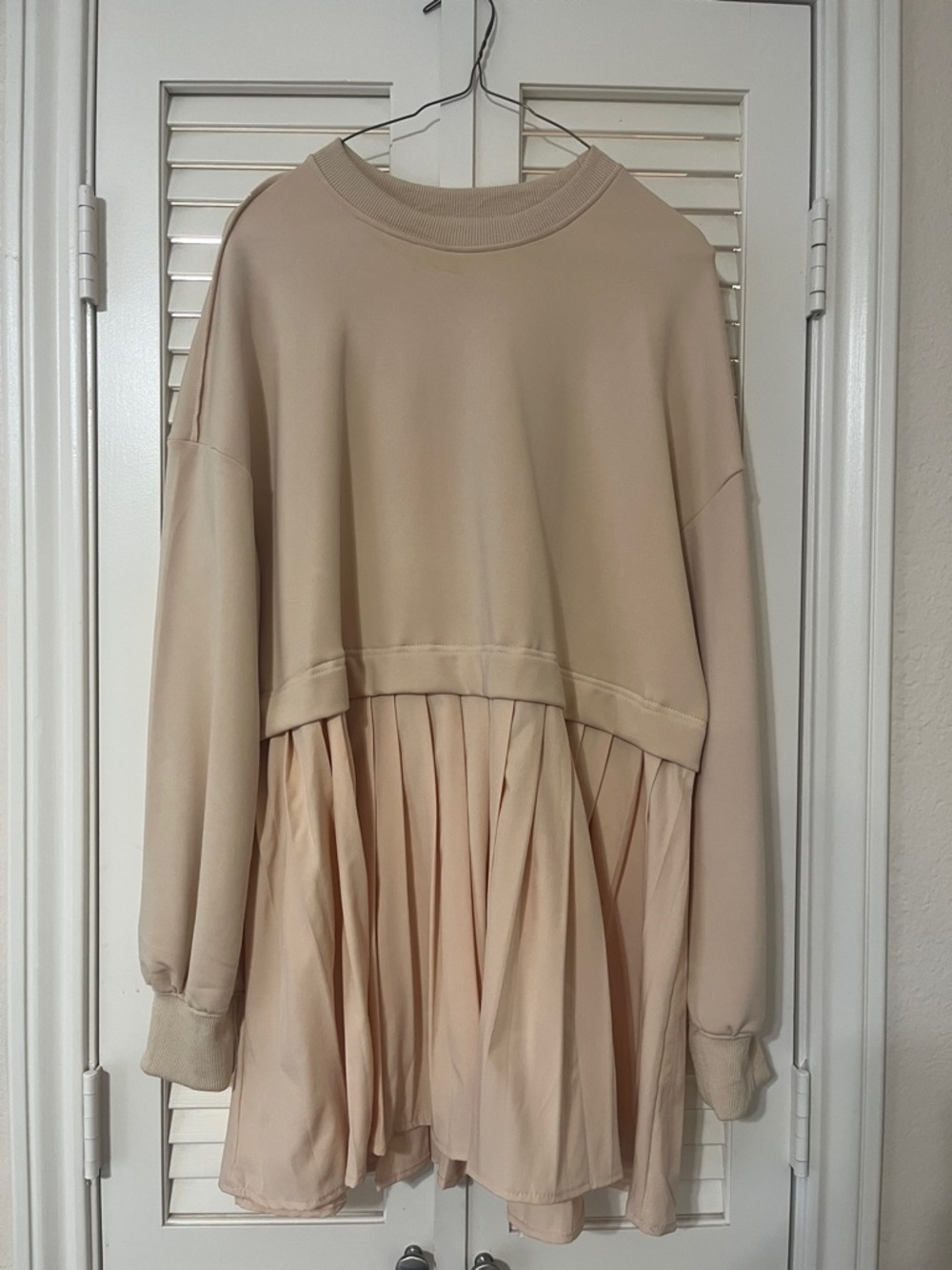 Pleated Two-Tone Beige Pullover Dress